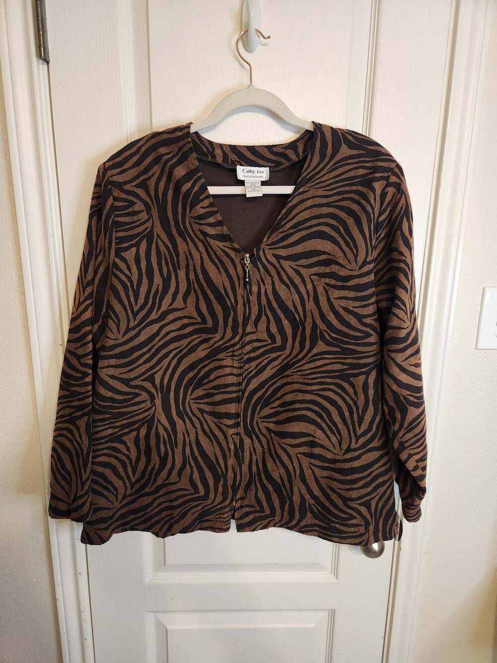 Plus size Women's Zip Front Brown Zebra Print Suede Jacket Size 18W